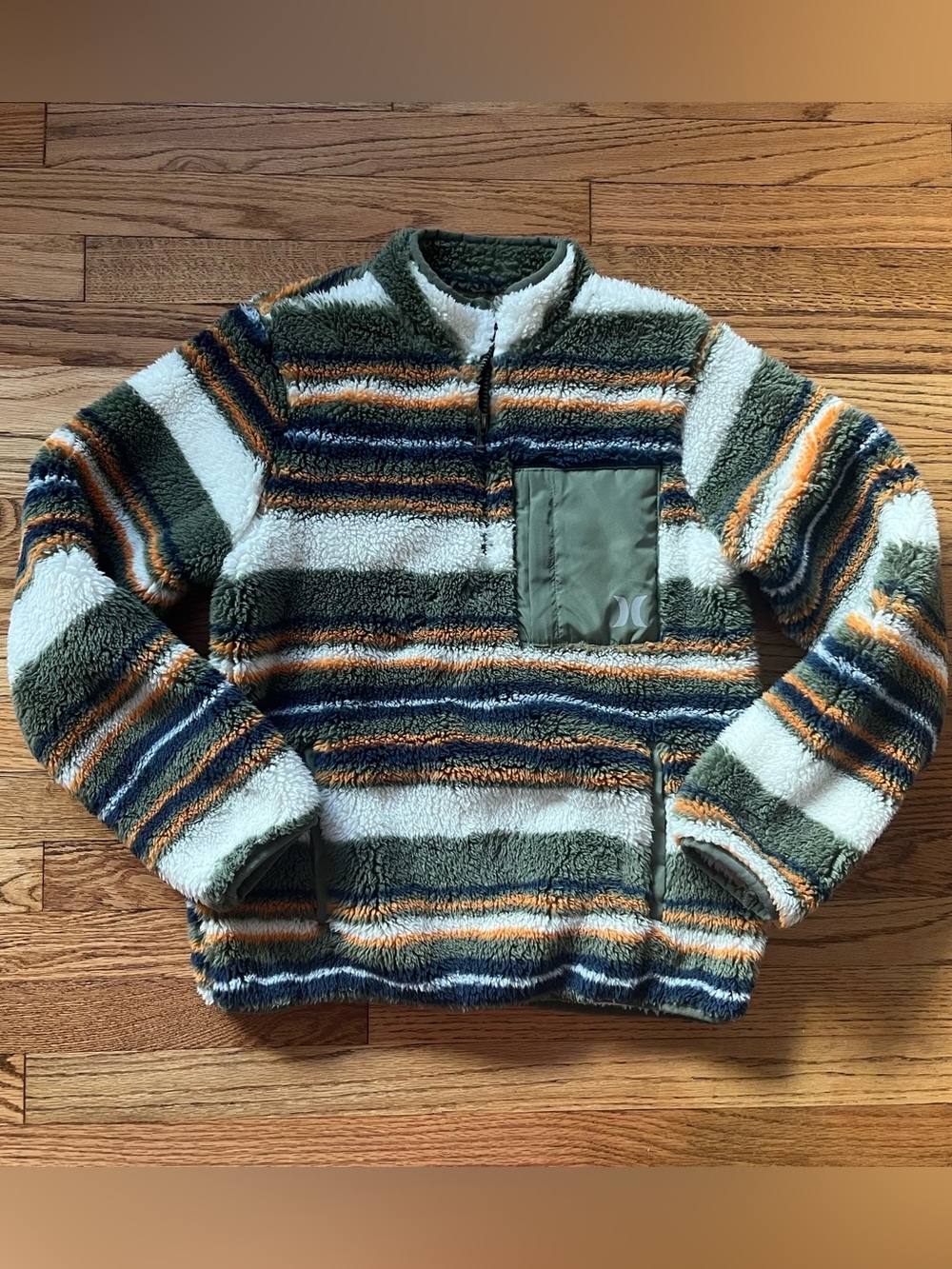 Hurley Boys Olive Green Striped Sherpa Pullover Sweater Sz 10/12